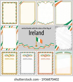 Set of vertical frames and borders in the colors of the flag of Ireland, template elements for your certificate and diploma. Vector.