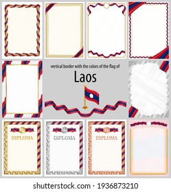 Set of vertical frames and borders in the colors of the flag of Laos, template elements for your certificate and diploma. Vector.