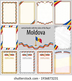 Set of vertical frames and borders in the colors of the flag of Moldova, template elements for your certificate and diploma. Vector.