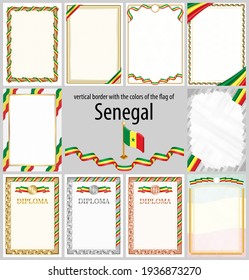 Set of vertical frames and borders in the colors of the flag of Senegal, template elements for your certificate and diploma. Vector.