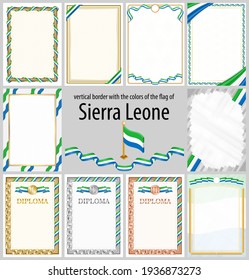 Set of vertical frames and borders in the colors of the flag of Sierra Leone, template elements for your certificate and diploma. Vector.