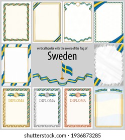 Set of vertical frames and borders in the colors of the flag of Sweden, template elements for your certificate and diploma. Vector.
