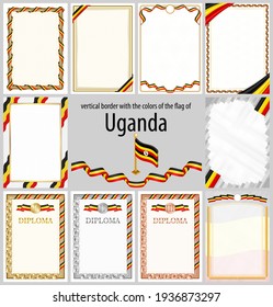 Set of vertical frames and borders in the colors of the flag of Uganda, template elements for your certificate and diploma. Vector.