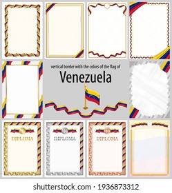 Set of vertical frames and borders in the colors of the flag of Venezuela, template elements for your certificate and diploma. Vector.