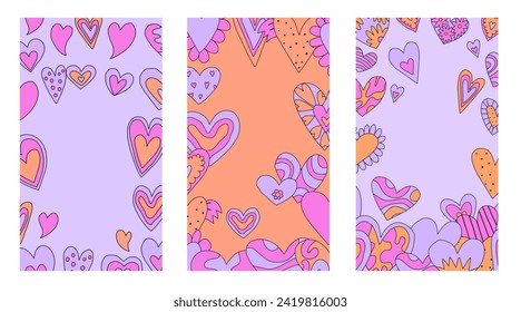 set of vertical frames with hearts for Valentine's day.layered template for social media on the 14th of February. romantic stories for lovers.psychedelic 1970s style,hippie retro vibe,only good vibes