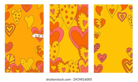 set of vertical frames with hearts for Valentine's day.layered template for social media on the 14th of February. romantic stories for lovers.psychedelic 1970s style,hippie retro vibe,only good vibes