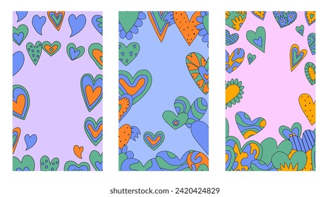 set of vertical frames with hearts for Valentine's day.layered template for social media on the 14th of February. romantic stories for lovers.psychedelic 1970s style,hippie retro vibe,only good vibes