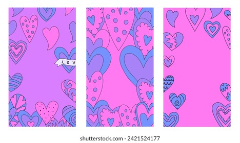 set of vertical frames with hearts for Valentine's day.layered template for social media on the 14th of February. romantic stories for lovers.psychedelic 1970s style,hippie retro vibe,only good vibes