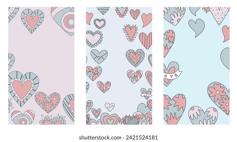 set of vertical frames with hearts for Valentine's day.layered template for social media on the 14th of February. romantic stories for lovers.psychedelic 1970s style,hippie retro vibe,only good vibes