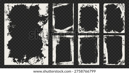 Set of vertical frames with raw gouache textures. Artistic white borders with grunge edges for posters, photos, and wedding invites. Isolated hand drawn templates with brush strokes. Vintage elements.
