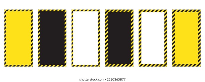 Set of vertical frames with warning tapes for safety signs. The striking yellow and black design is ideal for warning labels, construction notices and safety background images.