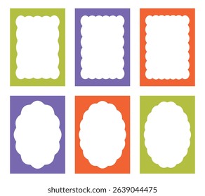 Set of vertical frames with zigzag edges. Rectangular and oval scalloped frames. Vector element for banner, text box, invitation, photo, social media.
