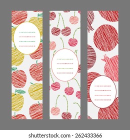 Set of Vertical Fruit Banners. Harvest berry ornaments. Scratched apple cherry and pomegranate flyer series. Vector Illustration for print or leaflet. Simple design for invitation, postcard or poster.