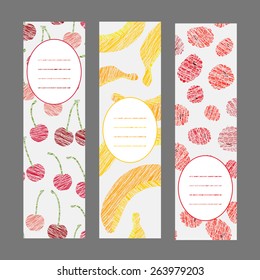 Set of Vertical Fruit Banners. Harvest berry ornaments. Scratched banana cherry and raspberry flyer series. Vector Illustration for print or leaflet. Healthy lifestyle Cards Series.