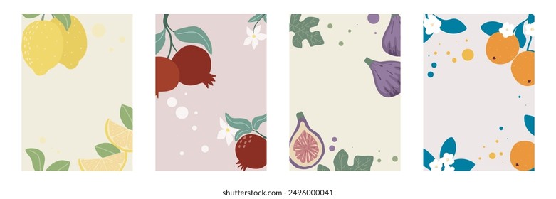 Set of vertical fruit flyers for summer design. Lemon, pomegranate, orange, fig templates. Kit frames with fruits to create banner, menu, brochure, advertisement, vector graphics