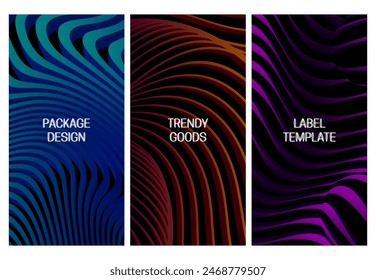 Set of vertical futuristic backgrounds with 3D stripes. Good for packaging design.