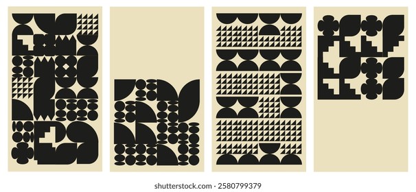 Set of vertical geometric posters in neo geometry style. Backgrounds with simple figures and shapes. Vector.