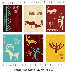 Set of vertical gift tag, badge, sticker with prehistoric rock painting petroglyphs, human and animal. Card with Palaeolithic Petroglyph with hunting scene for decoration, invitation. Vector EPS8