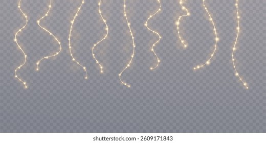 Set of vertical glowing string lights with warm golden bulbs on transparent background. Ideal for festive decorations, wedding design, holiday banners, overlays and party visuals.