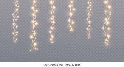 Set of vertical glowing string lights with warm golden bulbs on transparent background. Ideal for festive decorations, wedding design, holiday banners, overlays and party visuals.