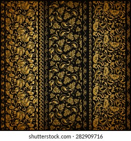 Set of vertical golden lace pattern, decorative elements, borders for design. Seamless floral ornament. Page decoration. Vector illustration EPS 10.