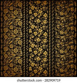 Set of vertical golden lace pattern, decorative elements, borders for design. Seamless floral ornament. Page decoration. Vector illustration EPS 10.