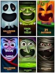 Set Of Vertical Graphics For Halloween With Monster Vampire Witch Pumpkin Ghost Mummy Cartoon