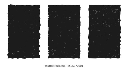 Set of vertical gray frames made of torn paper with vintage gritty texture, rectangles with jagged edges isolated on white background. Old ripped paper, grunge.