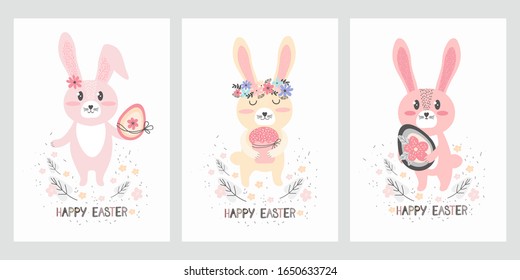 Set of vertical greeting cards or banners for the happy Easter holiday in Scandinavian hand drawn style. Cute Bunnies with Easter cake and egg. Funny little cartoon rabbit. Flat vector illustration. 