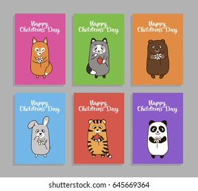 Set of vertical greeting cards for childrens day hand drawn with lettering. Cute funny animal cartoon with flowers in his hands, cat, bear, fox, rabbit, tiger and panda, vector illustration