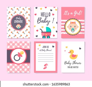 Set of vertical greeting cards and invitation for girl baby shower. It’s a girl. Place for text