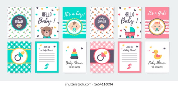 Juego de tarjetas verticales de felicitación e invitación para ducha de bebé. Es una chica. Lugar del texto