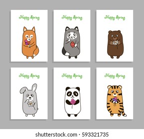 Set of vertical greeting cards, painted hand drawn. Cute animal lovers with smile, with flowers in his hands, cat, bear, fox, rabbit, tiger and panda, vector illustration