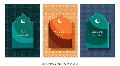 Conjunto de cartões de saudação verticais para Ramadã Kareem, Eid Mubarak e feriados islâmicos. Apresenta formas de arco de mesquita, luas de crescente e padrões geométricos tradicionais em fundo escuro e terroso.
