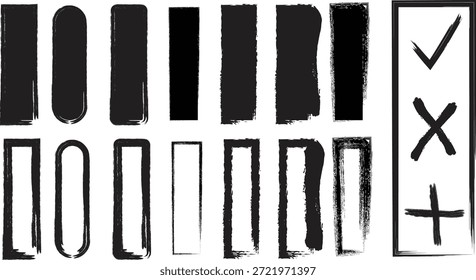 Conjunto de trazos de pincel Grunge de Vertical y marcos rectangulares dibujados a mano, Elementos divisores de tinta negra para el diseño.