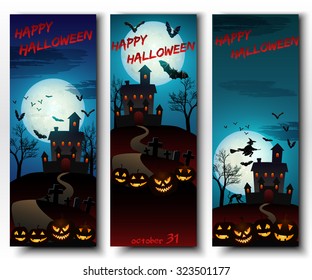 Set of vertical Halloween banners with haunted house and smiled pumpkins. Vector illustration