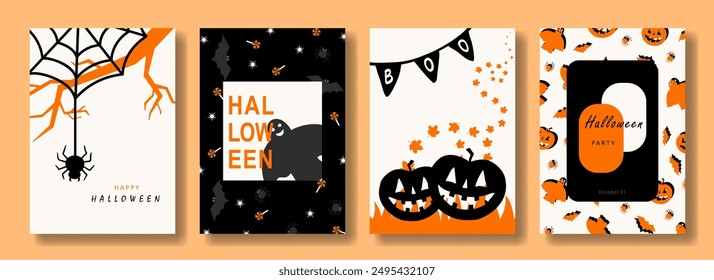 Set of vertical Halloween greeting card with spider, pumpkins, ghost and boo bunting flags. Minimalist black, white and orange colors, modern design. Vector template for cover, poster, invitation.
