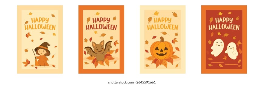 Set of vertical Halloween greeting cards featuring flying cheerful ghosts, smiling jack-o’-lantern, happy bat, and cute little witch. Fun cartoon vector collection for kids and festive designs.