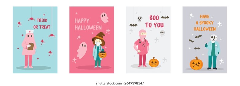Conjunto de cartões postais verticais de Halloween com médicos e enfermeiras vestidas como esqueleto, bruxa, múmia e fantasma Divertido design com tema de saúde em estilo cartoon perfeito para saudações médicas sazonais assustadoras