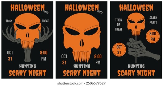 Set of vertical Halloween posters with scary skull. Simple flat style Halloween party invitation flyer design template. Horror minimalism vector aesthetic can used web postcard cover print. EPS 10