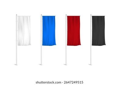 Conjunto de bandeiras suspensas verticais em polos nas cores branca, azul, vermelha e preta isoladas no fundo branco