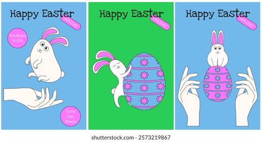 Set vertical Happy Easter poster cover template design. Funny Happy Easter greeting card with hand drawn Easter Bunny. Holiday vector illustration. EPS 10	