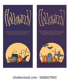 Set of vertical holiday banners for Halloween with illustration and lettering. Cartoon witch cauldrons, hats, tombstone, pumpkins on the background of the moon. Vector element for your design