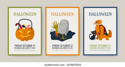 Set of vertical holiday cards or invitation templates with Halloween characters - Jack-o'-lantern with candies, werewolf. Flat festive cartoon vector illustration for event announcement, promotion.