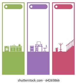 set of vertical home interior banners isolated on white