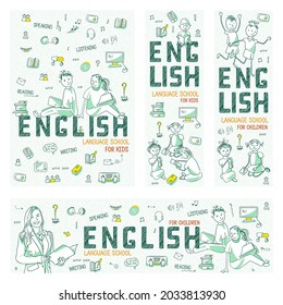 Set of vertical, horizontal banners for Children's Language School. Teach or learn English. Leaflets with green outline icons, symbols, signs on white background. Back to school illustration, vector