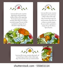 Set of vertical and horizontal banners. Colorful abstract ornament with faces, leaves and swirls. Floral badge decoration. Vector design for cards, invitation and other.
