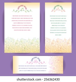 Set of vertical and horizontal banners decorated with border of leaves of various trees drawn with multicolor outlines. Floral badge decoration. Vector design for cards, invitation and other.