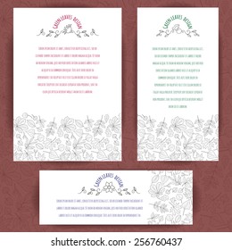 Set of vertical and horizontal banners decorated with border of leaves of various trees. Floral badge decoration. Vector design for cards, invitation and other.