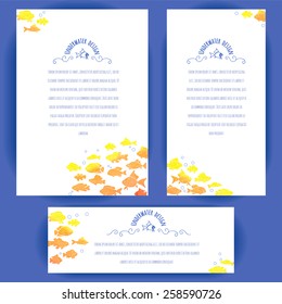 Set of vertical and horizontal banners decorated with hand-painted watercolor shoal of small exotic gold fishes. Vector design for cards, invitation, banners and other . 